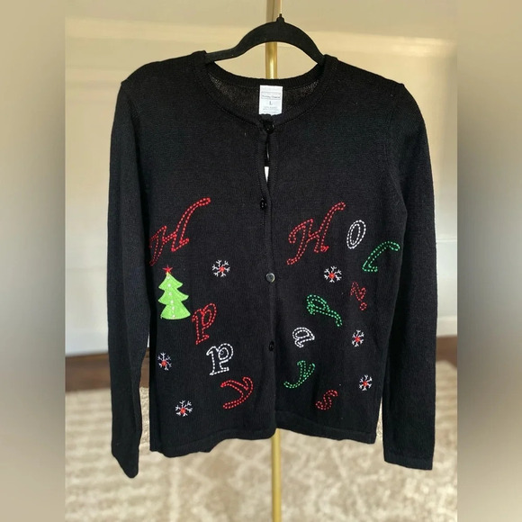 Vintage Christmascore Happy Holidays NY Laundry Embroidered Cardigan Art Teacher - Picture 1 of 4